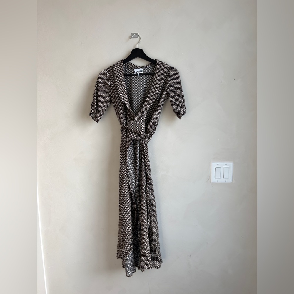 Ganni Brown and White Geo-Print Wrap Midi Dress